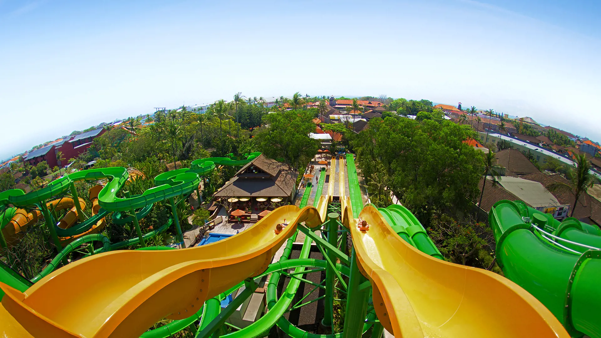 Aerial view of Waterbom Bali water park slides and tropical gardens in Kuta